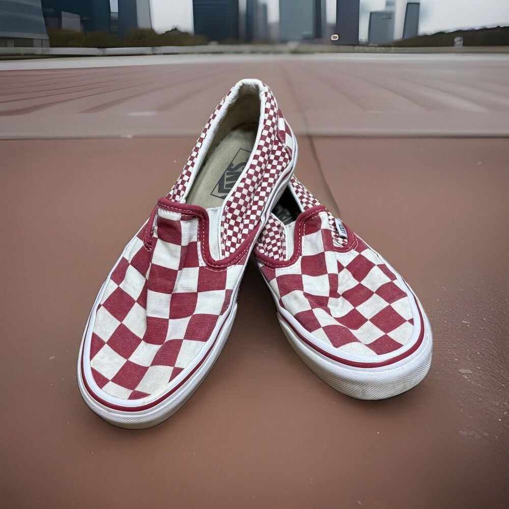 VANS Classic Slip On Red/White/Checkered Canvas Skate Shoes Size W 7.5 Skater